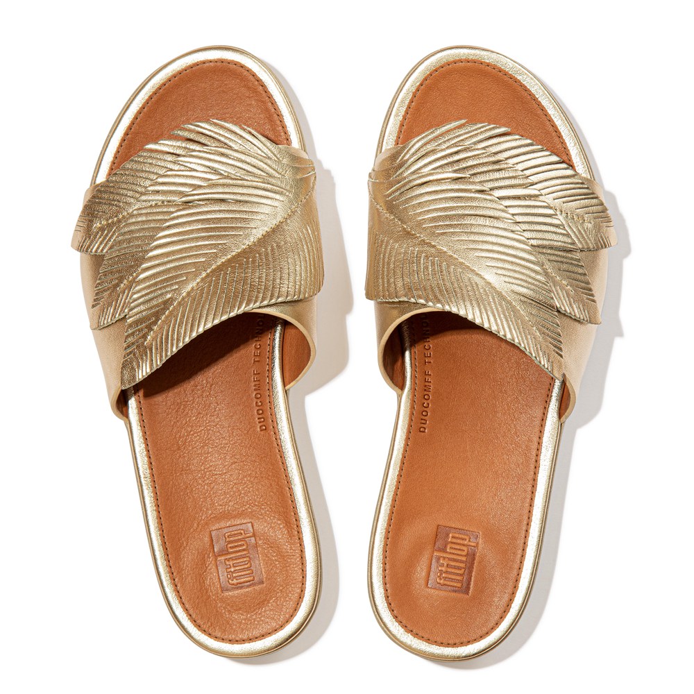 Fitflop Womens Slides Gold - Sola Feather Metallic Leather - 71VEDPQKG